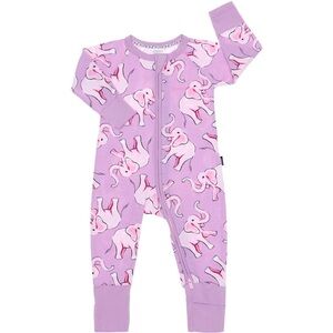 BONDS Zip Wondersuit baby romper with a lilac elephant print